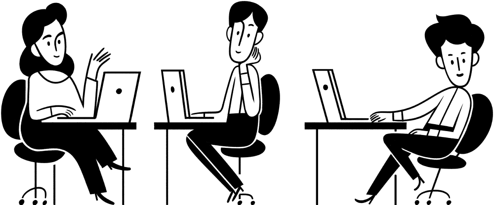 Una ilustración de varias personas trabajando con ordenadores en su escritorio