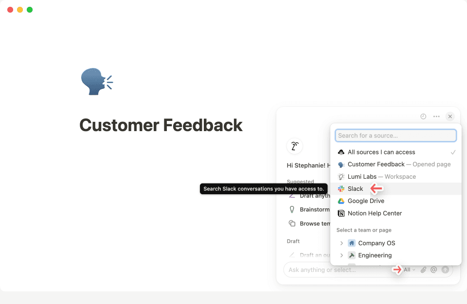 Haz clic en los tres puntos en la esquina superior derecha del chat de la IA de Notion para conectarte a Slack.