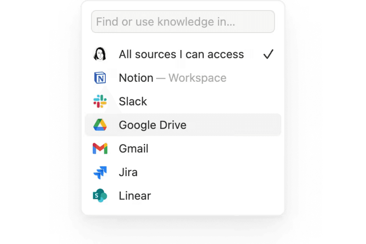 A drop-down of the source options that are available in Notion’s Enterprise Search feature.