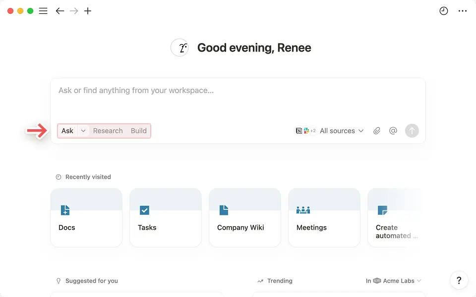 Dependiendo de tus necesidades, puedes pedirle a la IA de Notion que encuentre respuestas, investigue temas y genere informes, o que cree una base de datos por ti.