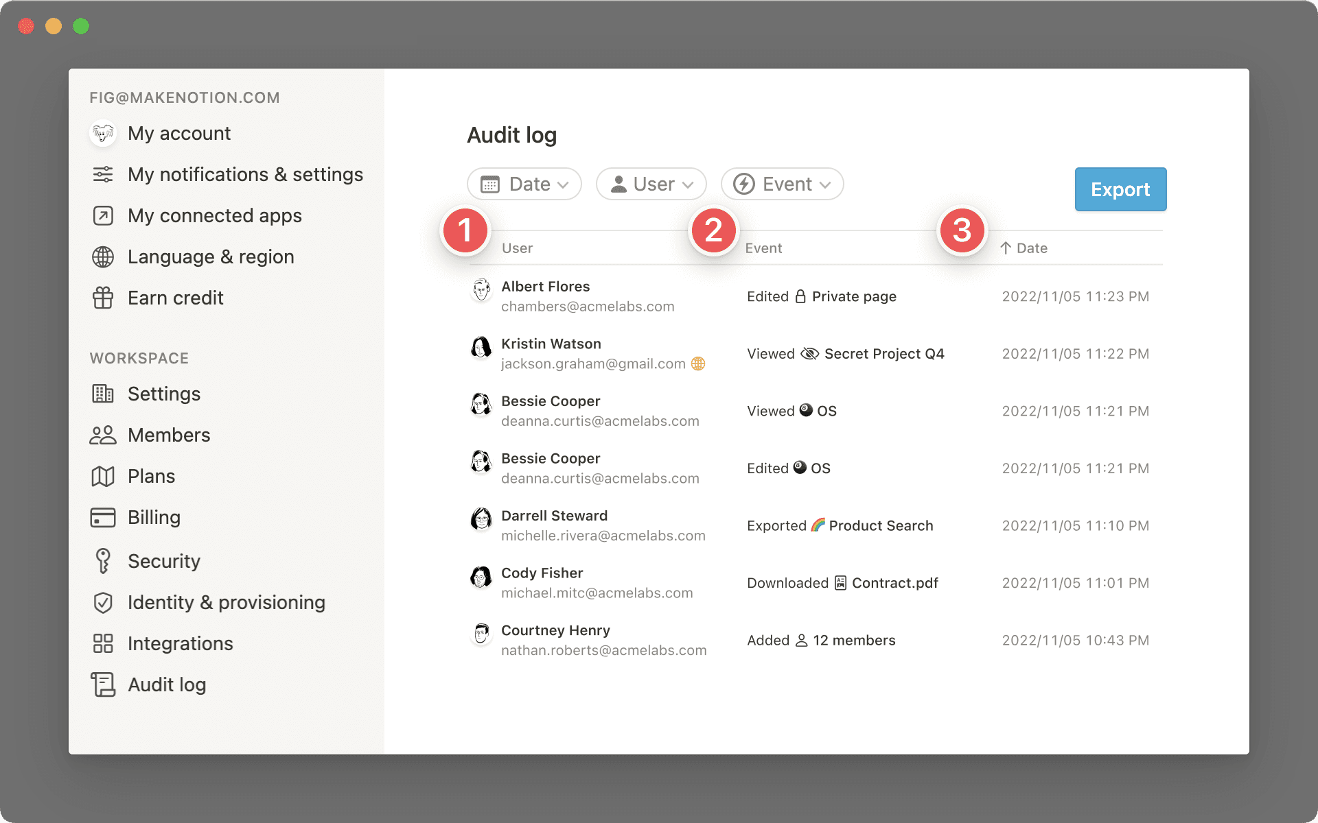 Info del registro de auditoría