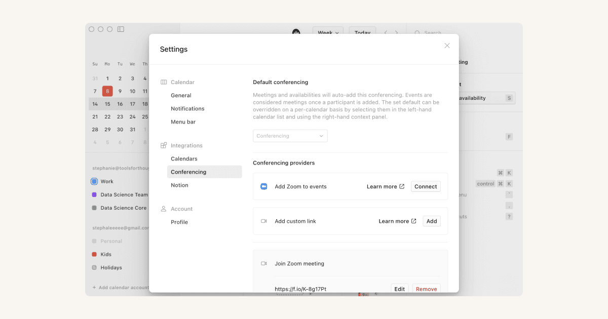 CA: Integraciones de conferencias y API de Notion Calendar