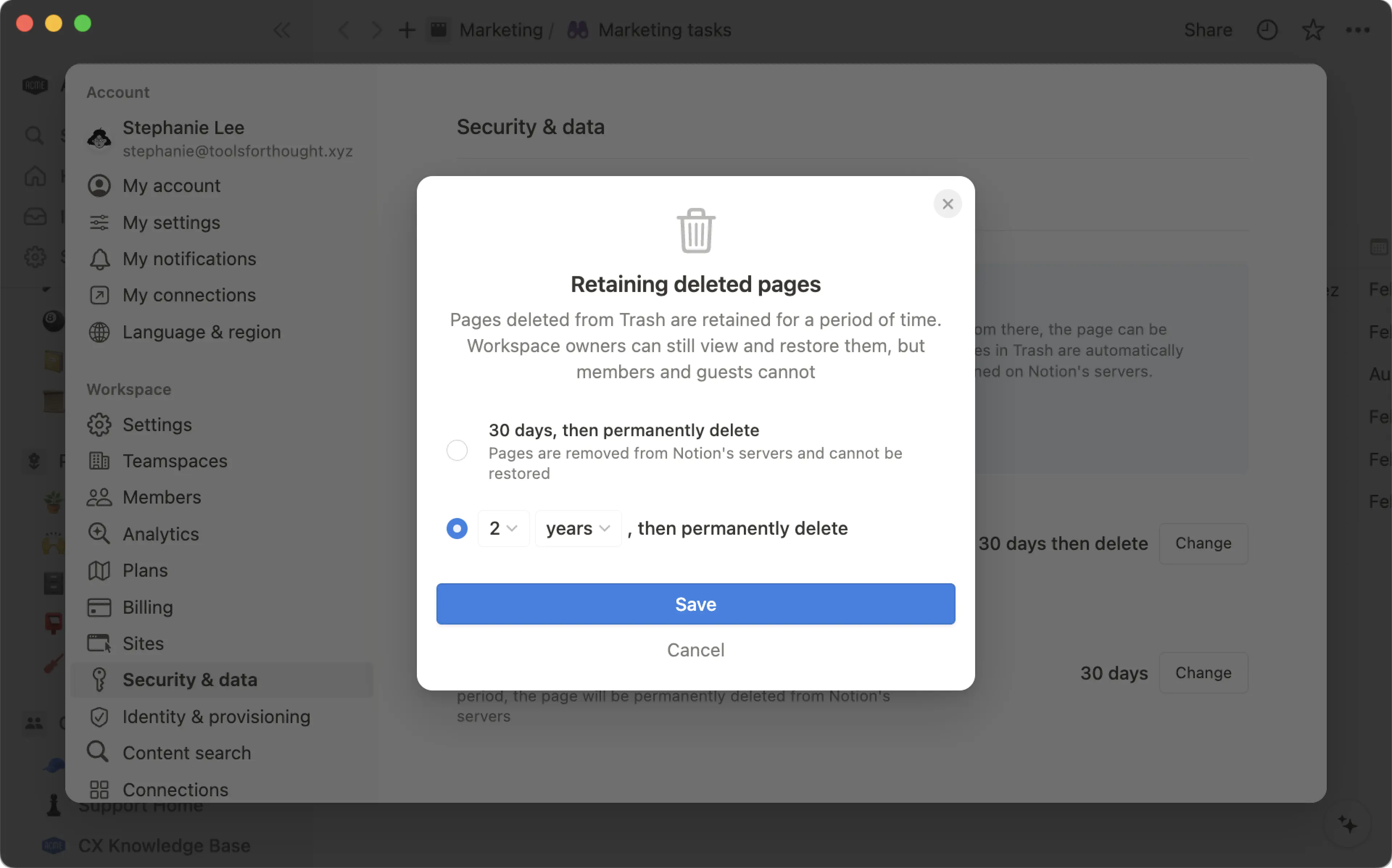 ca: configurar conservación de datos de página