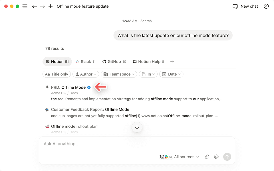 Verás una marca de verificación azul junto al contenido que Notion marcó «Verificado».