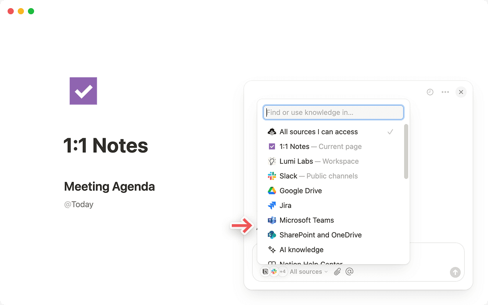 Selecciona la opción + Conectar apps en la pestaña «Todas las fuentes» del chat de la IA de Notion para empezar.