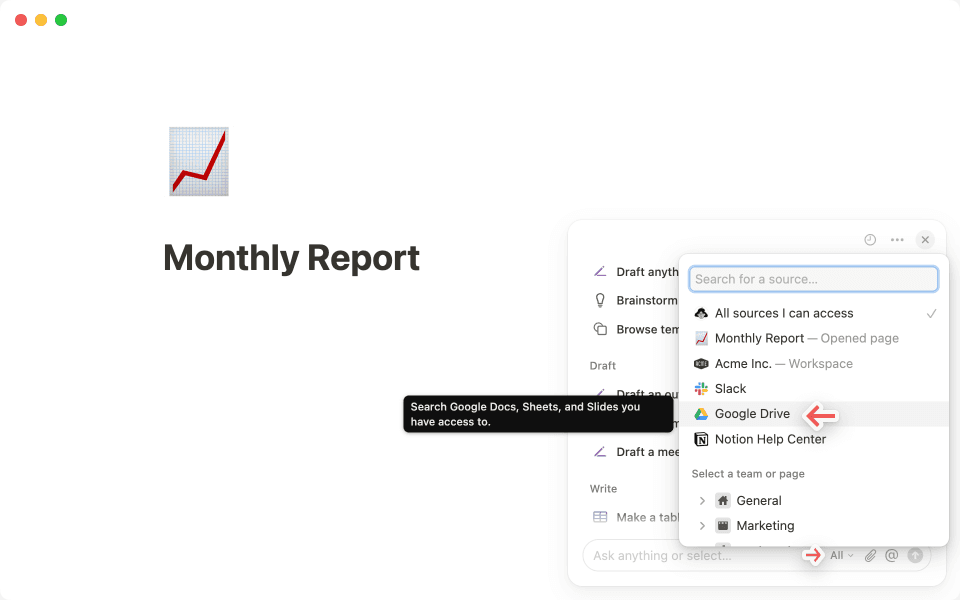 Haz clic en los tres puntos en la esquina superior derecha del chat de la IA de Notion para conectarte a Google Drive.