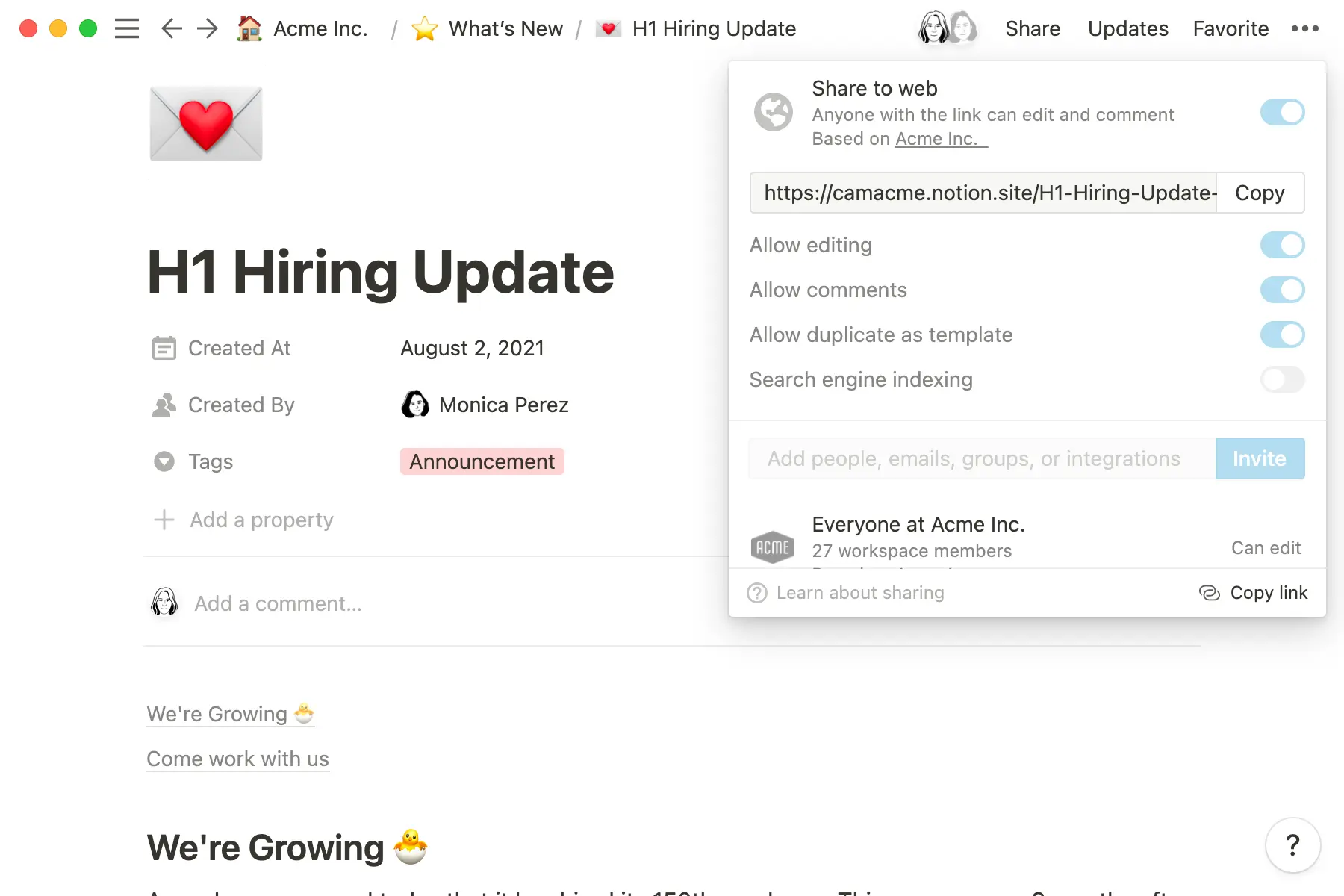 Share important pages and releases to the web to keep stakeholders in the loop.