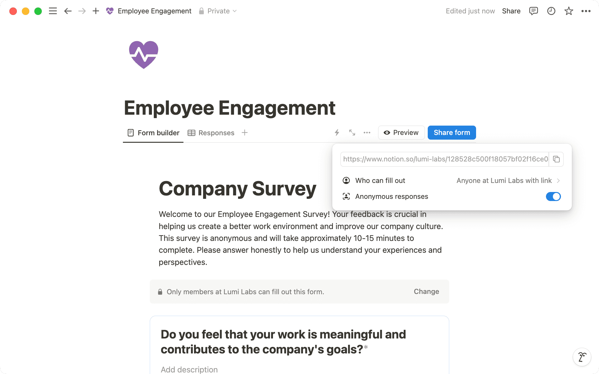Cambia a «Respuestas anónimas» cuando selecciones «Compartir formulario»