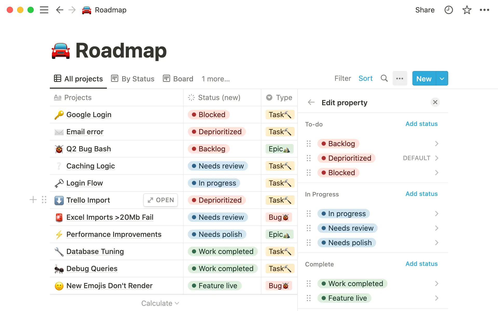 La propiedad de estado te permite mostrar rápidamente el estado de una tarea y añadir subcategorías personalizadas.