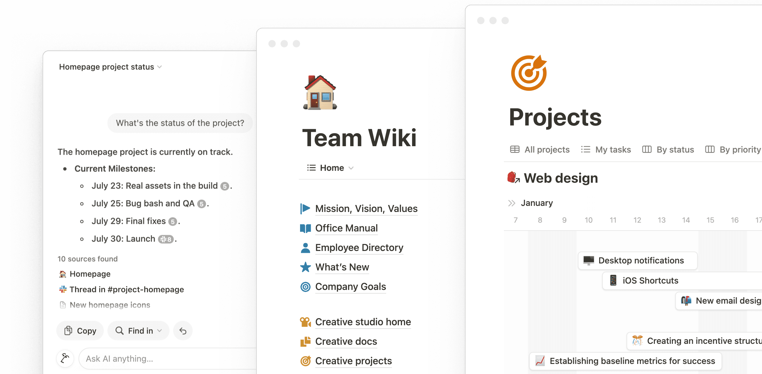 Espacio de trabajo de Notion con la lista de tareas al lado de una wiki de equipo