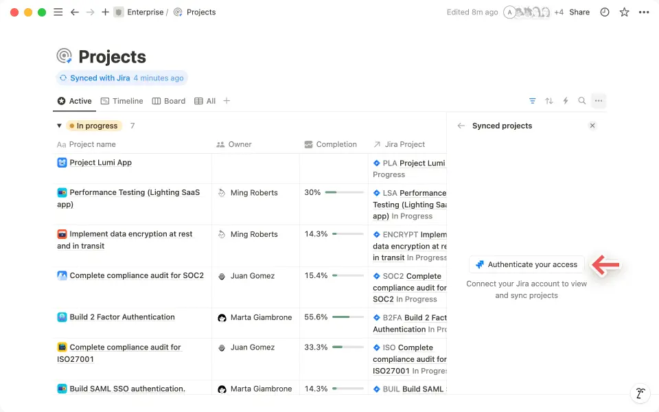 Haz clic en «Autentica tu acceso» para verificar tu identidad y transferir los proyectos de Jira a Notion