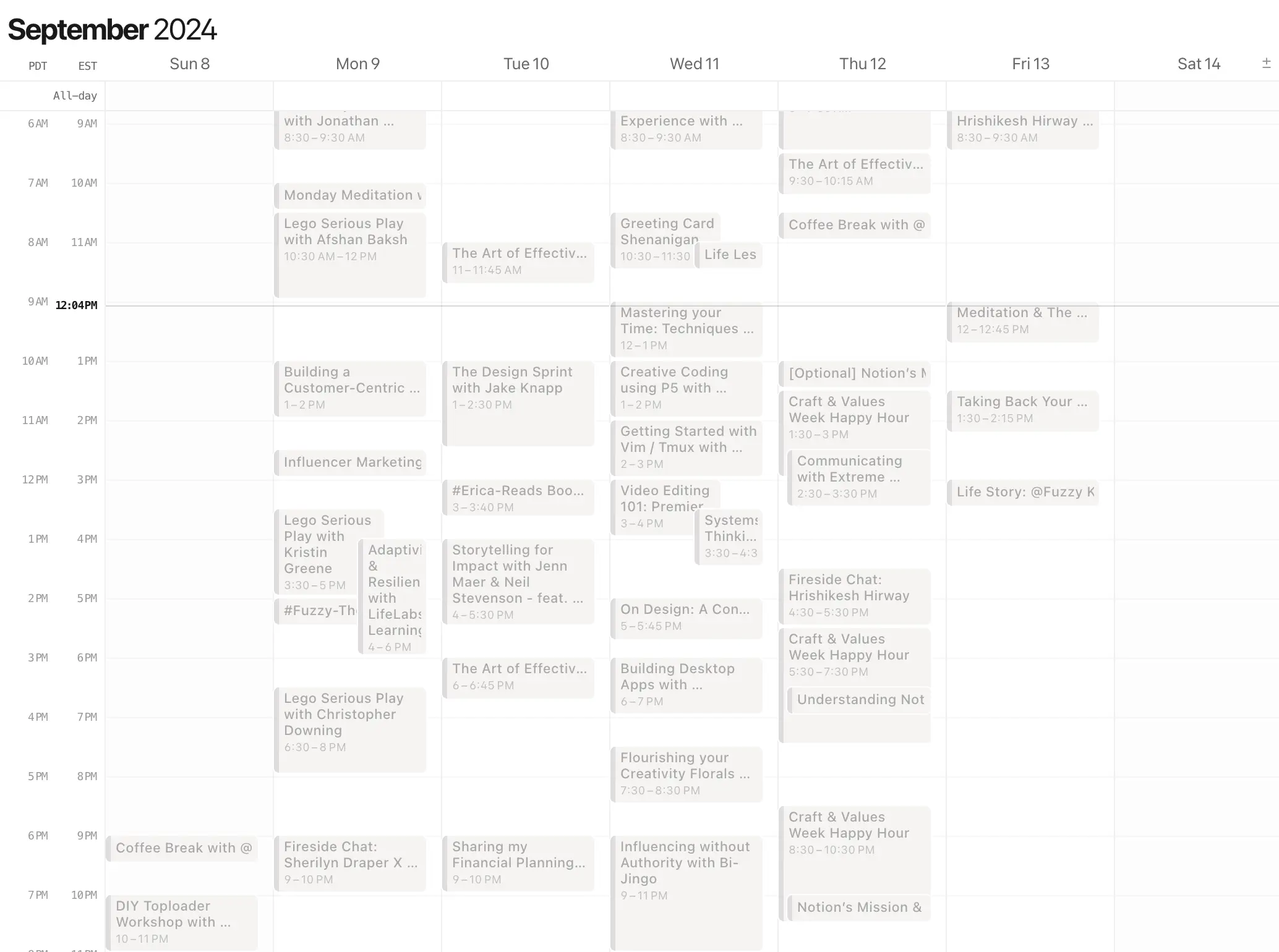 Notion Calendar view of Craft & Values Week