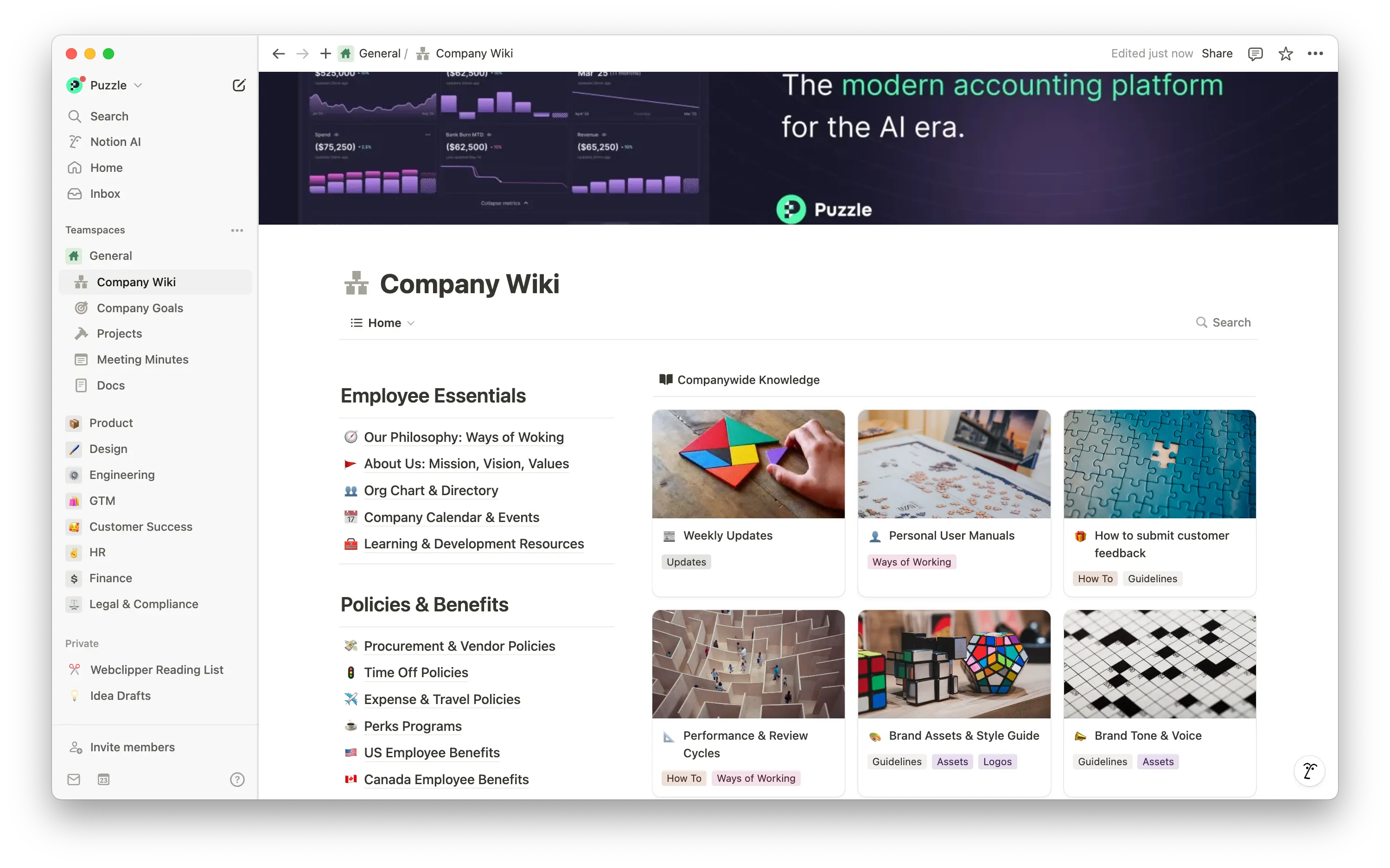 La fuente central de Puzzle para todo el conocimiento de la empresa: fácil de actualizar, rápido de encontrar y perfectamente conectado a todo nuestro trabajo.