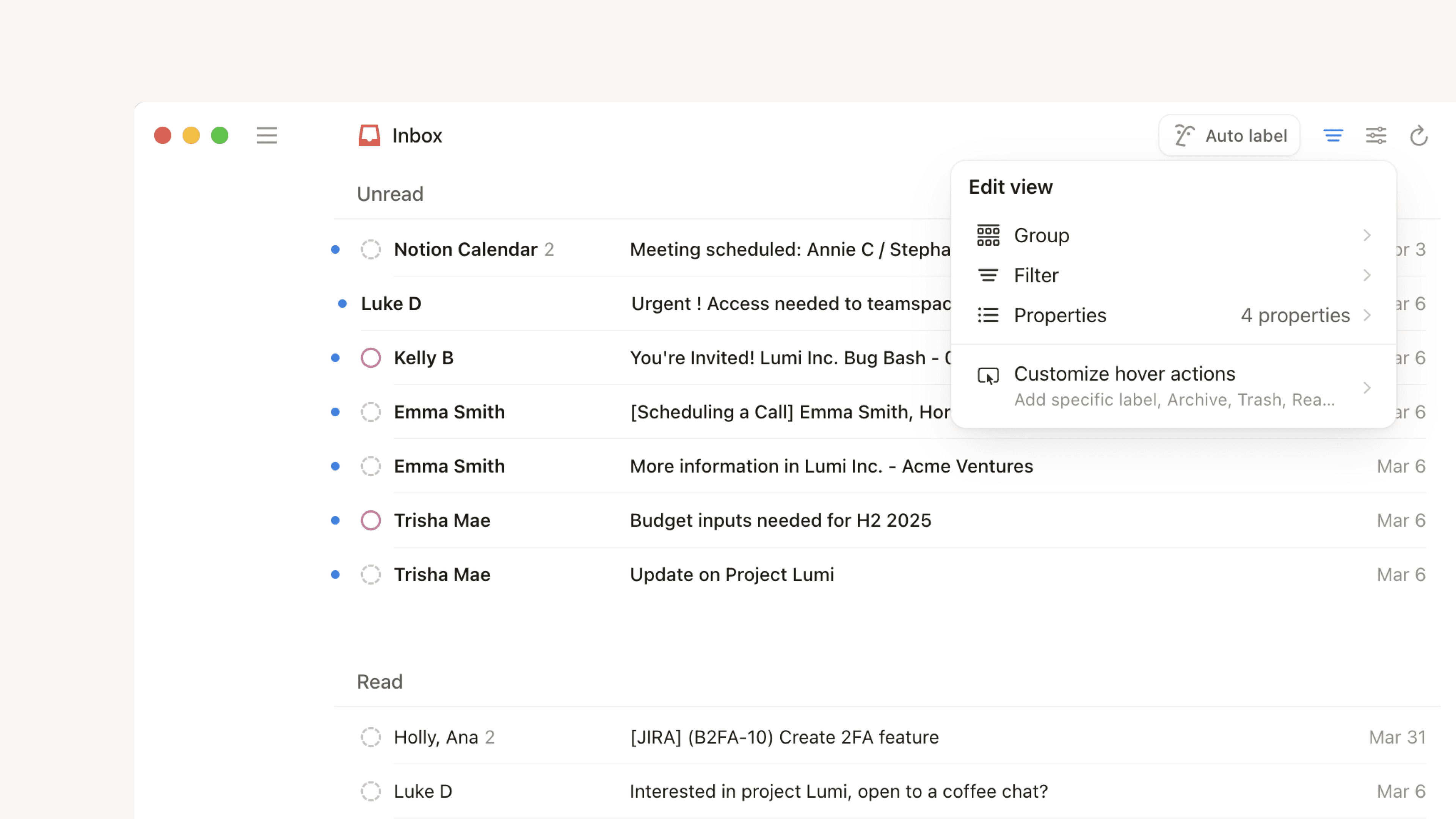 ca: vistas de correo y banner de grupos