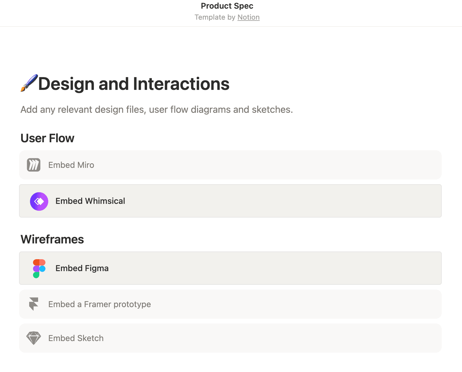 Notion’s product spec template, showing direct links to design files and user flow diagrams