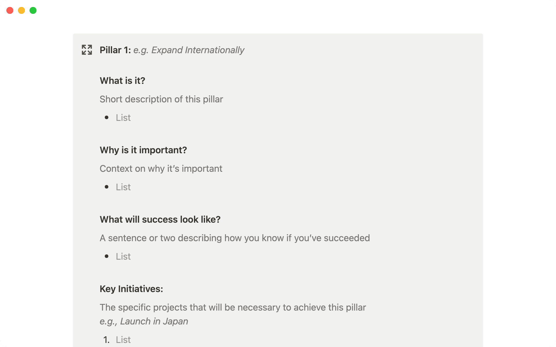 Construye cada pilar estratégico definiendo el qué, el porqué, las métricas de éxito y las iniciativas clave.