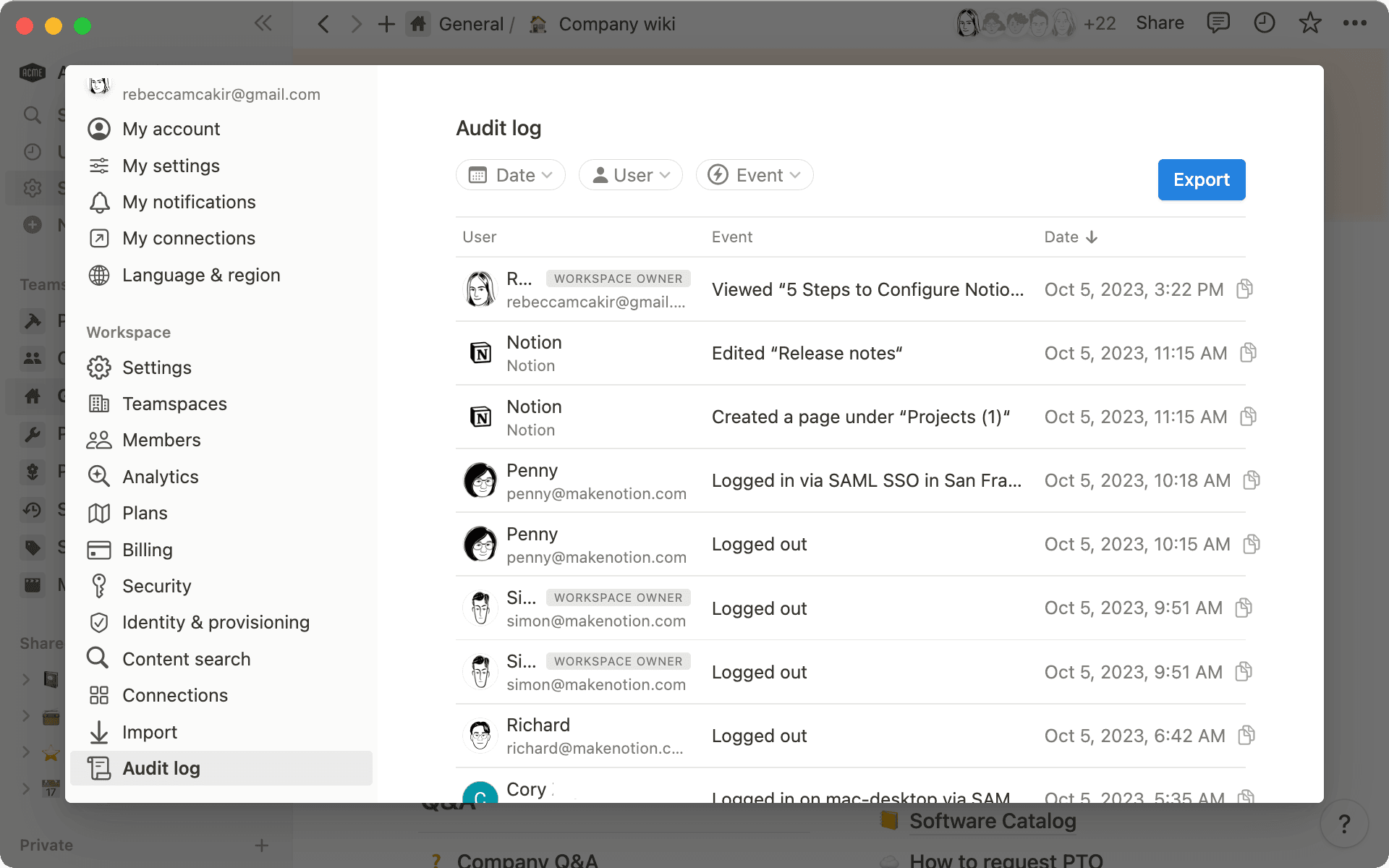El registro de auditoría permite a los propietarios del espacio de trabajo ver todos los eventos que tienen lugar en el espacio.