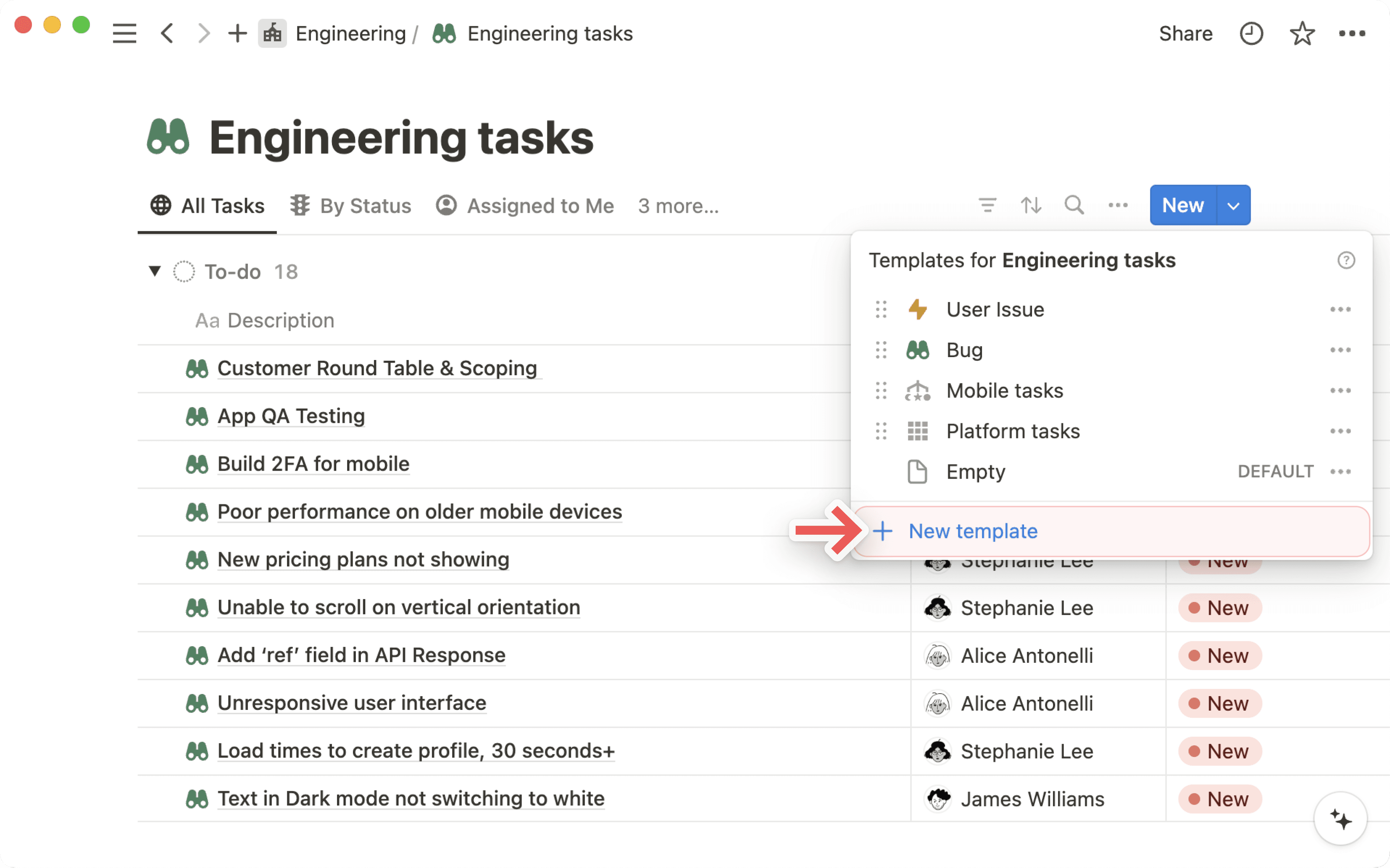 Nueva plantilla de base de datos desde menú desplegable