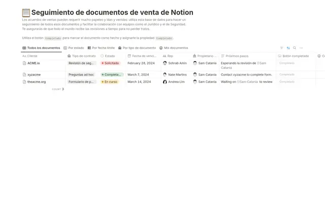 Seguimiento de documentos de venta de Notion